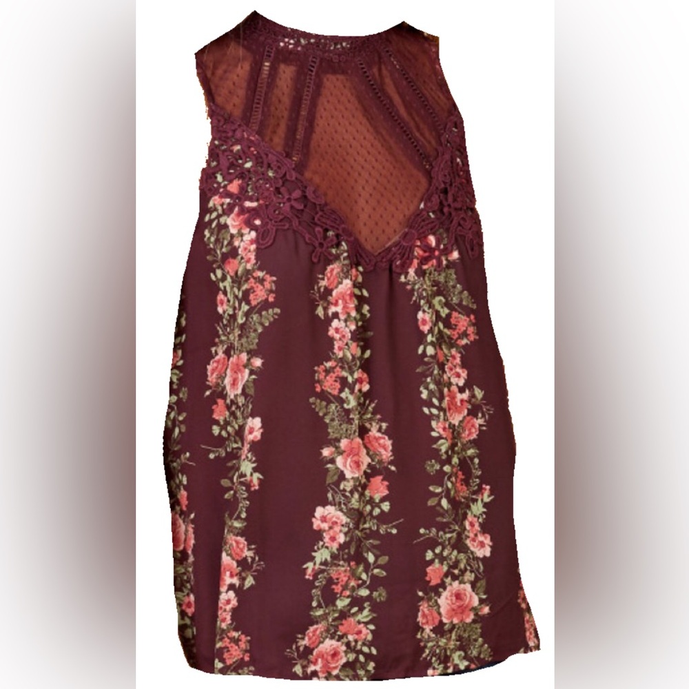Alter’d State Small Wine Floral Lace Sleeveless Blouse with Embroidered Details